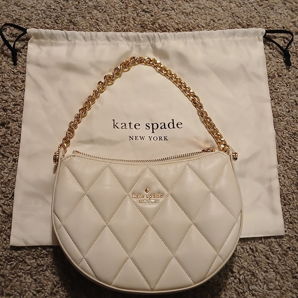 Kate Spade Carey Zip Top Crossbody Quilted Leather Crescent Bag Cream Gold Chain - Picture 10 of 10